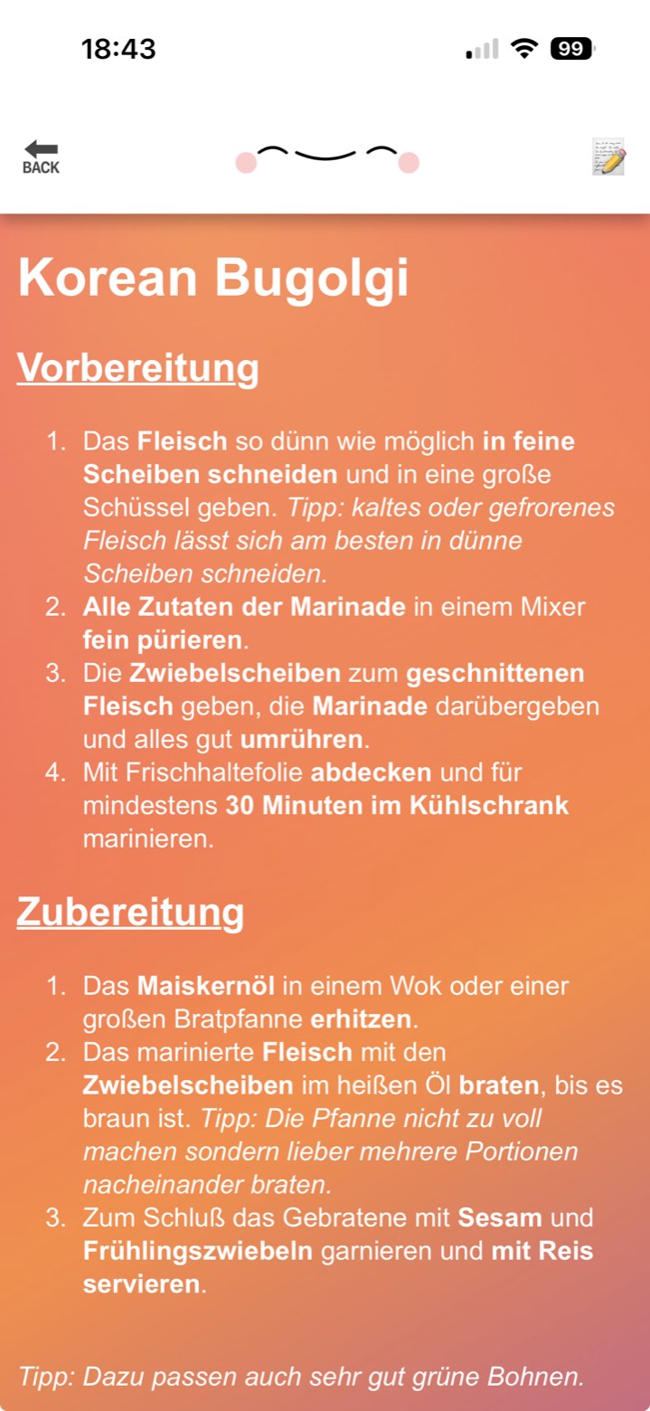Die Infos zur Liste in der App „Merk ich mir!“ mit der Zubereitung eines Rezepts – Vorbereitung und Zubereitung als nummerierte Schritte